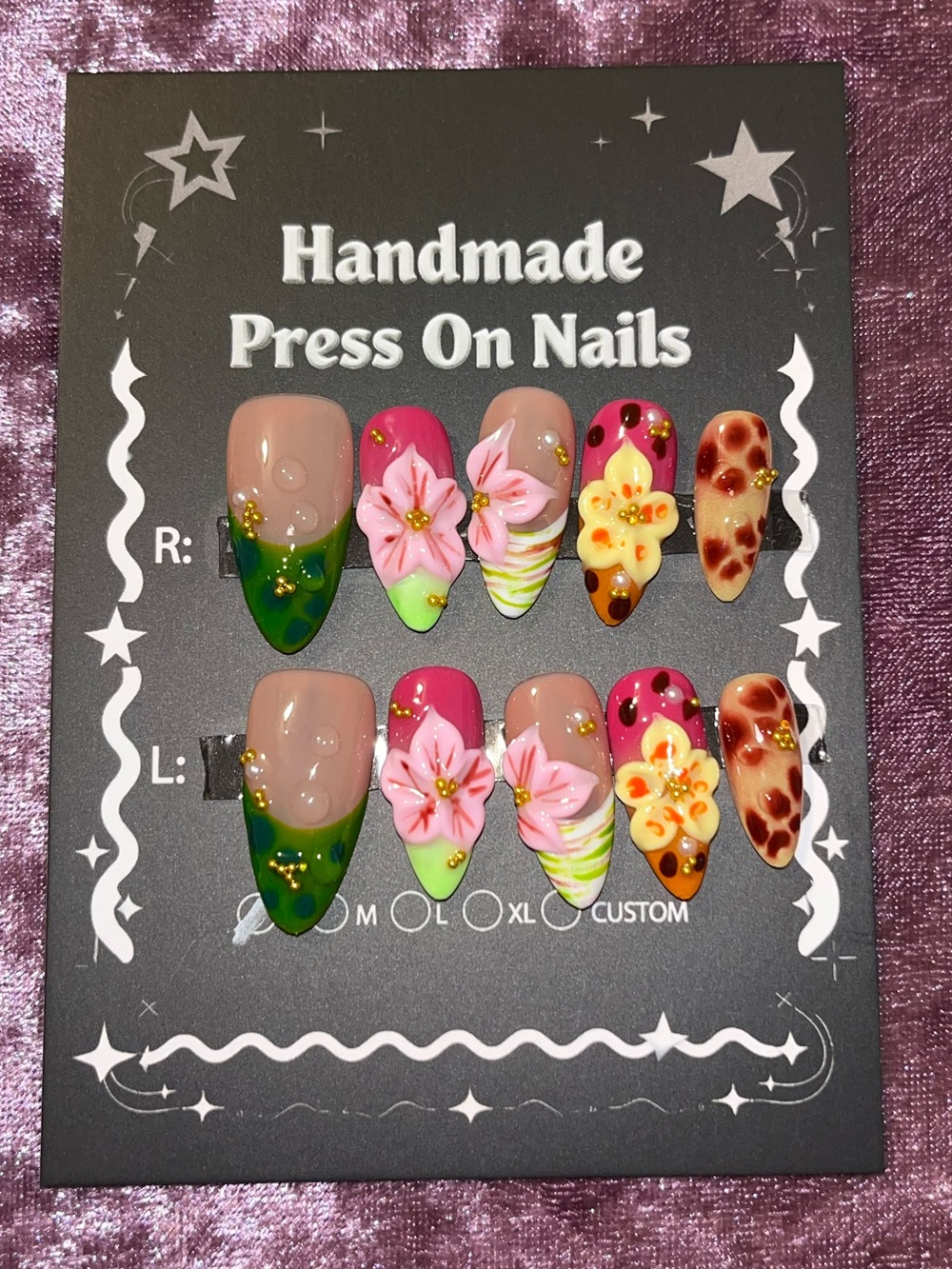 Handmade Pink & Green Floral Press-On Nails